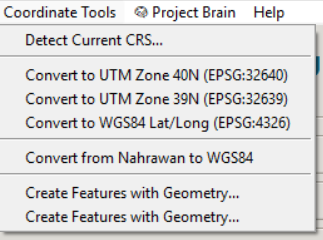 Coordinate reference system conversion tools including UTM Zone 40N EPSG 32640 and Nahrawan to WGS84
